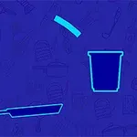 Ilustración con un fondo azul que muestra una espátula, un contenedor y una línea curva resaltados en tonos azul claro