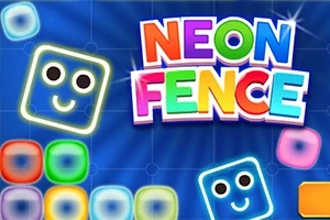 Cuadrados de colores brillantes con caras felices y el texto Neon Fence en un fondo azul