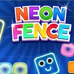 Cuadrados de colores brillantes con caras felices y el texto Neon Fence en un fondo azul