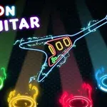 Guitarra de neón flotando sobre círculos de colores brillantes con la frase Neon Guitar en la parte superior izquierda