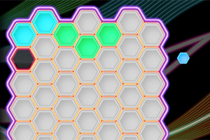 Hexágonos con bordes brillantes de colores y algunos resaltados en verde y azul sobre un fondo oscuro con líneas de colores