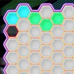 Hexágonos con bordes brillantes de colores y algunos resaltados en verde y azul sobre un fondo oscuro con líneas de colores