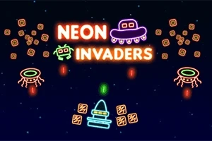 Texto Neon Invaders en letras brillantes con gráficos de naves espaciales y alienígenas estilo neón sobre un fondo estrellado