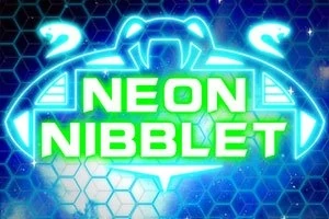 Texto Neon Nibblet iluminado en verde sobre un fondo de celdas hexagonales azules con destellos de luz