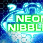 Texto Neon Nibblet iluminado en verde sobre un fondo de celdas hexagonales azules con destellos de luz