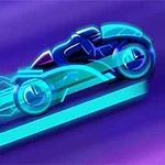 Motocicleta futurista en una pista brillante con un diseño digital azul y púrpura