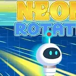 Robot flotante de aspecto futurista en un fondo azul con líneas y texto en un estilo de neón
