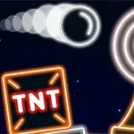 Iconos de neón que incluyen un proyectil en movimiento, un objetivo con un círculo rojo y un bloque marcado TNT sobre un fondo oscuro