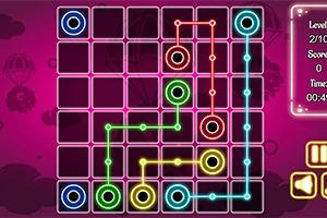 Conexiones de colores en una cuadrícula sobre un fondo rosa con un panel de puntuación a la derecha