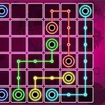 Conexiones de colores en una cuadrícula sobre un fondo rosa con un panel de puntuación a la derecha