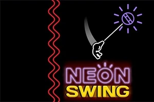 Un letrero de neón con las palabras NEON SWING, un brazo sujetando una cuerda que ilumina un círculo, y una línea ondulada roja a la izquierda, todo sobre un fondo negro