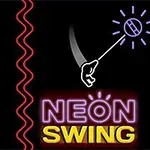 Un letrero de neón con las palabras NEON SWING, un brazo sujetando una cuerda que ilumina un círculo, y una línea ondulada roja a la izquierda, todo sobre un fondo negro