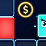 Un cubo azul con una cara sonriente y guiñando un ojo junto a un símbolo de dólar dorado brillante sobre un fondo oscuro con líneas luminosas