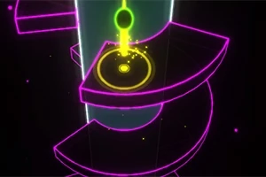 Torre de espirales con plataformas rosa y un orbe verde brillante en el centro
