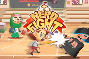 Personajes caricaturescos en una pelea en un gimnasio escolar con el texto Nerd Fight arriba