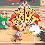 Personajes caricaturescos en una pelea en un gimnasio escolar con el texto Nerd Fight arriba
