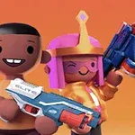 Dos personajes caricaturescos sosteniendo pistolas de juguete con un fondo naranja