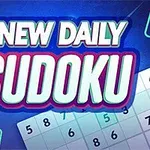 Texto New Daily Sudoku en un fondo azul con números dispersos y parte de una cuadrícula de sudoku