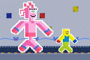 Un muñeco rosado y otro amarillo pixelados caminando en un entorno con fondo gris y colores primarios