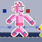 Un muñeco rosado y otro amarillo pixelados caminando en un entorno con fondo gris y colores primarios