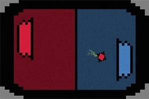 Pantalla dividida con un lado rojo y otro azul, donde un objeto pixelado se mueve entre ambos