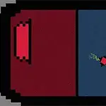 Pantalla dividida con un lado rojo y otro azul, donde un objeto pixelado se mueve entre ambos