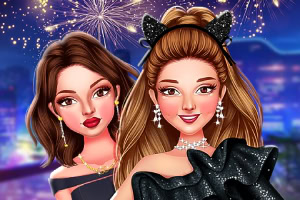 Dos mujeres vestidas elegantemente con fondo de fuegos artificiales y luces de ciudad