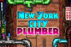 Texto colorido New York City Plumber sobre una pared de ladrillos con tuberías ilustradas alrededor