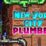 Texto colorido New York City Plumber sobre una pared de ladrillos con tuberías ilustradas alrededor