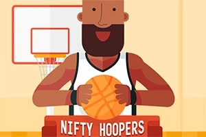 Ilustración de un jugador de baloncesto caricaturesco sosteniendo una pelota frente a una canasta y un letrero que dice Nifty Hoopers