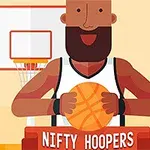 Ilustración de un jugador de baloncesto caricaturesco sosteniendo una pelota frente a una canasta y un letrero que dice Nifty Hoopers