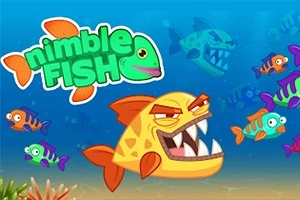 Peces coloridos con expresiones cómicas nadando bajo el agua, destacando un pez amarillo con dientes afilados