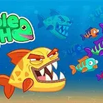 Peces coloridos con expresiones cómicas nadando bajo el agua, destacando un pez amarillo con dientes afilados
