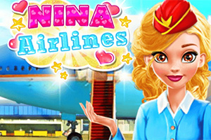 Azafata rubia con uniforme azul y gorra roja sonríe frente a un avión azul con el texto Nina Airlines