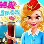 Azafata rubia con uniforme azul y gorra roja sonríe frente a un avión azul con el texto Nina Airlines