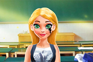 Personaje animado con cabello rubio y ojos verdes en un salón de clase