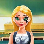 Personaje animado con cabello rubio y ojos verdes en un salón de clase