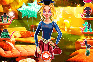 Mujer rubia sonriente con vestido azul y rosa, globos de estrella verdes y un birrete de graduación, rodeada de iconos de accesorios y ropa en un fondo colorido y brillante