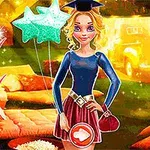 Mujer rubia sonriente con vestido azul y rosa, globos de estrella verdes y un birrete de graduación, rodeada de iconos de accesorios y ropa en un fondo colorido y brillante