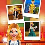 Mujer rubia sonriendo frente a tres fotos estilo Polaroid de diferentes estilos de vestuario y entornos de fondo