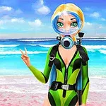 Mujer en traje de buceo verde con visor en la playa frente al mar