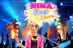 Cantante animada con cabello rubio y ropa llamativa en un escenario con luces brillantes y público aplaudiendo, junto al texto Nina Pop Star