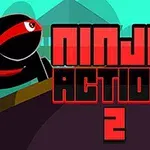Ninja con cinta roja en la cabeza junto al texto Ninja Action 2 sobre un fondo colorido