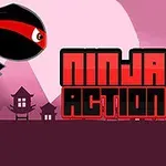 Ninja en silueta negra y roja saltando sobre un paisaje minimalista al atardecer con una gran luna rosa de fondo, junto al texto Ninja Action