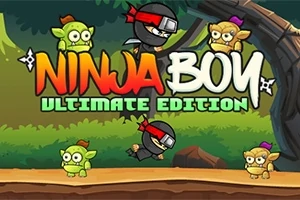 Un personaje ninja corre y salta en un bosque, rodeado de criaturas verdes, con el texto Ninja Boy Ultimate Edition destacado