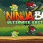 Un personaje ninja corre y salta en un bosque, rodeado de criaturas verdes, con el texto Ninja Boy Ultimate Edition destacado