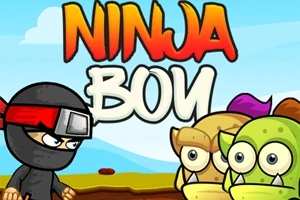 Un ninja cartoon se enfrenta a dos criaturas verdes en un paisaje colorido bajo un cielo azul, con el título Ninja Boy en la parte superior