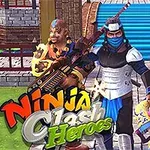 Cuatro personajes con atuendos de ninja y guerrero, armados, posan frente a una escalera azul con arquitectura estilo oriental