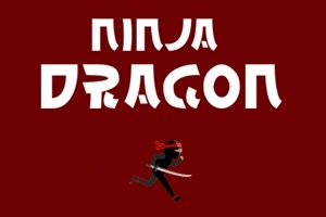Imagen de un ninja con una espada corriendo, con texto estilizado Ninja Dragon en un fondo rojo oscuro