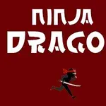 Imagen de un ninja con una espada corriendo, con texto estilizado Ninja Dragon en un fondo rojo oscuro